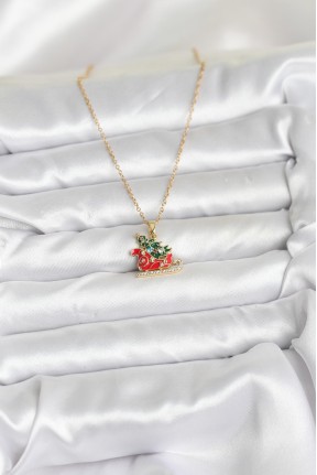 316l çelik Zincir Gold Renk Kızak Ve çam Ağacı Figürlü Yılbaşı Temalı Kadın Kolye