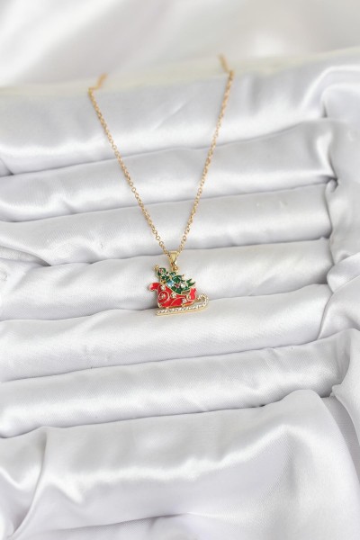 316l çelik Zincir Gold Renk Kızak Ve çam Ağacı Figürlü Yılbaşı Temalı Kadın Kolye