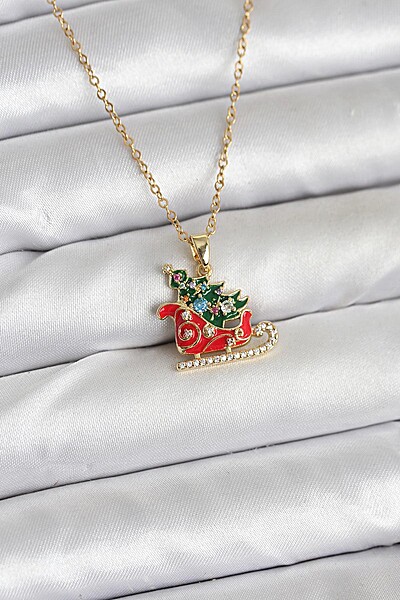 316l çelik Zincir Gold Renk Kızak Ve çam Ağacı Figürlü Yılbaşı Temalı Kadın Kolye