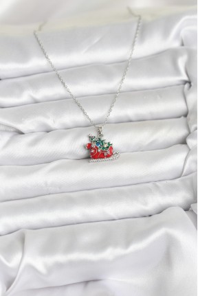 316l çelik Zincir Gümüş Renk Kızak Ve çam Ağacı Figürlü Yılbaşı Temalı Kadın Kolye