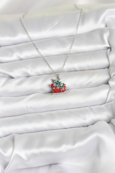 316l çelik Zincir Gümüş Renk Kızak Ve çam Ağacı Figürlü Yılbaşı Temalı Kadın Kolye