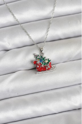 316l çelik Zincir Gümüş Renk Kızak Ve çam Ağacı Figürlü Yılbaşı Temalı Kadın Kolye