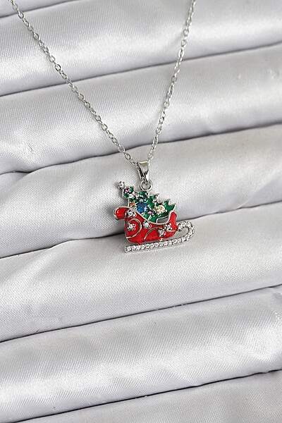 316l çelik Zincir Gümüş Renk Kızak Ve çam Ağacı Figürlü Yılbaşı Temalı Kadın Kolye