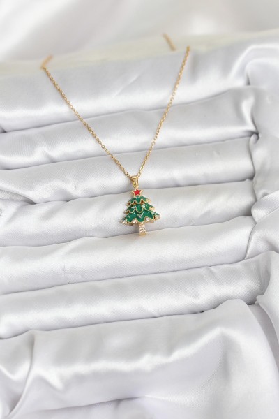 316l çelik Zincir Gold Renk çam Ağacı Model Yılbaşı Temalı Kadın Kolye