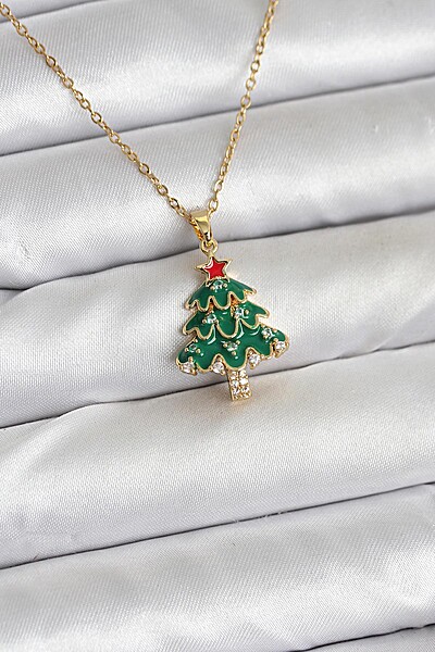 316l çelik Zincir Gold Renk çam Ağacı Model Yılbaşı Temalı Kadın Kolye