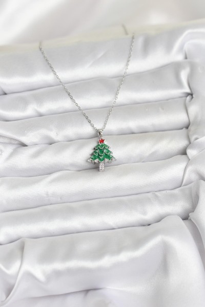 316l çelik Zincir Gümüş Renk çam Ağacı Model Yılbaşı Temalı Kadın Kolye