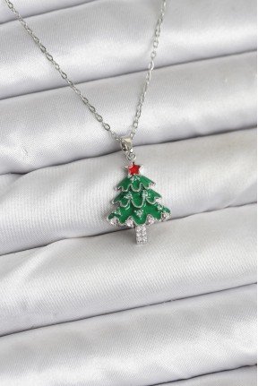 316l çelik Zincir Gümüş Renk çam Ağacı Model Yılbaşı Temalı Kadın Kolye