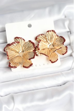 Pirinç Gold Renk Bordo Renk Detaylı Lotus Kadın Küpe
