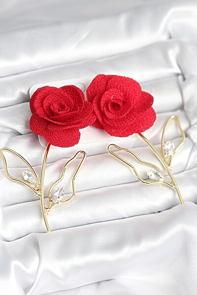 Pirinç Gold Renk Kırmızı Gül Model Kadın Küpe