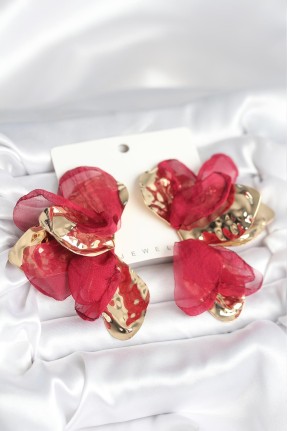 Pirinç Gold Renk Bordo Tüllü Lotus Kadın Küpe Pirinç Gold Renk Bordo Tüllü Lotus Kadın Küpe