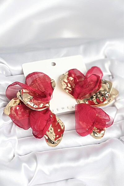 Pirinç Gold Renk Bordo Tüllü Lotus Kadın Küpe Pirinç Gold Renk Bordo Tüllü Lotus Kadın Küpe