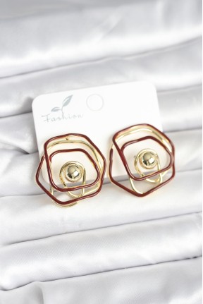 Pirinç Gold Renk Bordo Mineli Geometrik Gül Model Kadın Küpe Pirinç Gold Renk Bordo Mineli Geometrik Gül Model Kadın Küpe