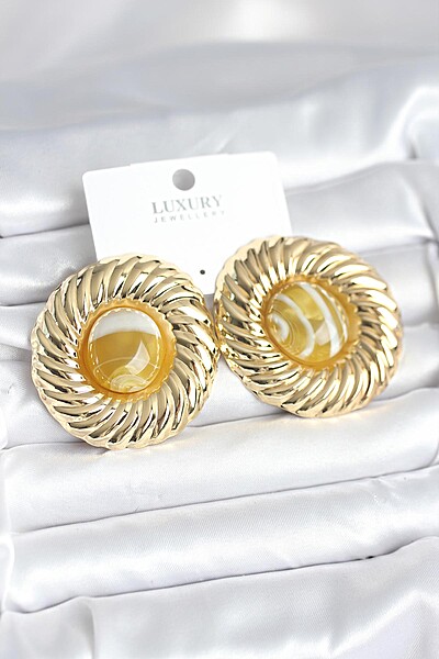 Pirinç Gold Renk Kehribar Boncuklu Vintage Kadın Küpe