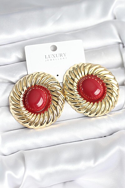 Pirinç Gold Renk Bordo Boncuklu Vintage Kadın Küpe