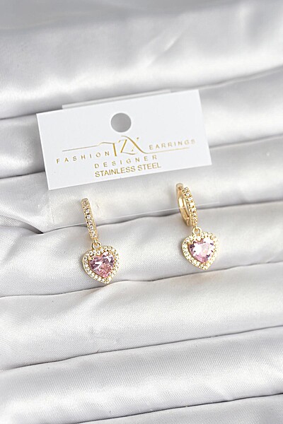 Pirinç Gold Pembe Renk Zirkon Taşlı Kalp Model Kadın Küpe Pirinç Gold Pembe Renk Zirkon Taşlı Kalp Model Kadın Küpe