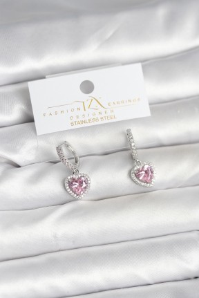 Pirinç Gümüş Pembe Renk Zirkon Taşlı Kalp Model Kadın Küpe