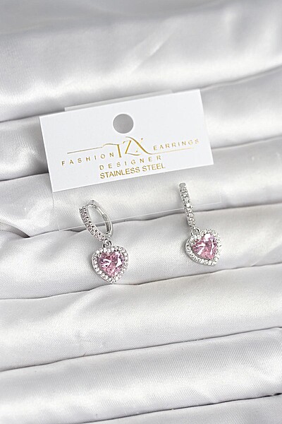 Pirinç Gümüş Pembe Renk Zirkon Taşlı Kalp Model Kadın Küpe