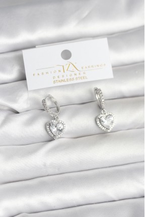 Pirinç Gümüş Renk Zirkon Taşlı Kalp Model Kadın Küpe