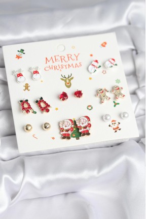 Yılbaşı Temalı Karışık Model 8 çift Yılbaşı Temalı Kadın Küpe Seti