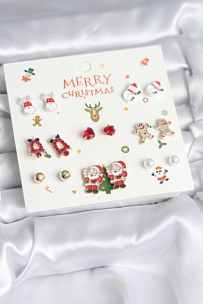 Yılbaşı Temalı Karışık Model 8 çift Yılbaşı Temalı Kadın Küpe Seti