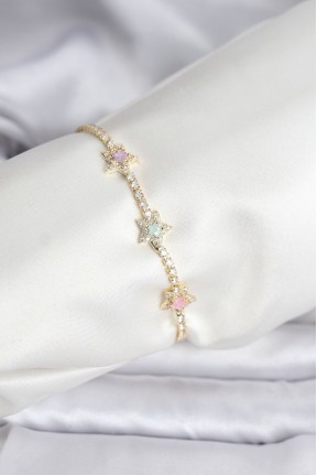 Renkli Yıldız Model Zirkon Taşlı Gold Renk Pirinç Su Yolu Kadın Bileklik Renkli Yıldız Model Zirkon Taşlı Gold Renk Pirinç Su Yolu Kadın Bileklik