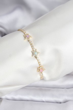 Renkli Yıldız Model Zirkon Taşlı Gold Renk Pirinç Su Yolu Kadın Bileklik Renkli Yıldız Model Zirkon Taşlı Gold Renk Pirinç Su Yolu Kadın Bileklik