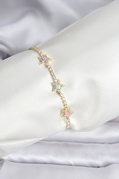 Renkli Yıldız Model Zirkon Taşlı Gold Renk Pirinç Su Yolu Kadın Bileklik Renkli Yıldız Model Zirkon Taşlı Gold Renk Pirinç Su Yolu Kadın Bileklik