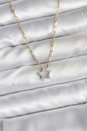 Pirinç Gold Renk Zincirli Zirkon Taşlı Minimal Yıldız Model Kadın Kolye