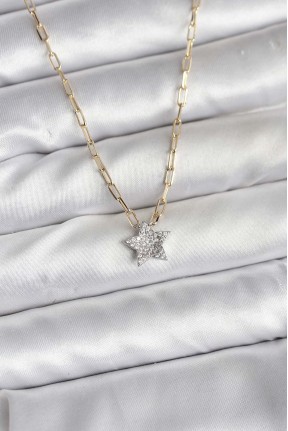 Pirinç Gold Renk Zincirli Zirkon Taşlı Minimal Yıldız Model Kadın Kolye Pirinç Gold Renk Zincirli Zirkon Taşlı Minimal Yıldız Model Kadın Kolye