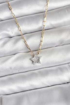 Pirinç Gold Renk Zincirli Zirkon Taşlı Minimal Yıldız Model Kadın Kolye Pirinç Gold Renk Zincirli Zirkon Taşlı Minimal Yıldız Model Kadın Kolye