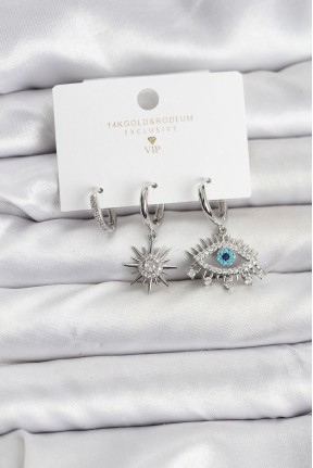 Göz Model Gümüş Renk Pirinç 3'lü Kadın Küpe Seti