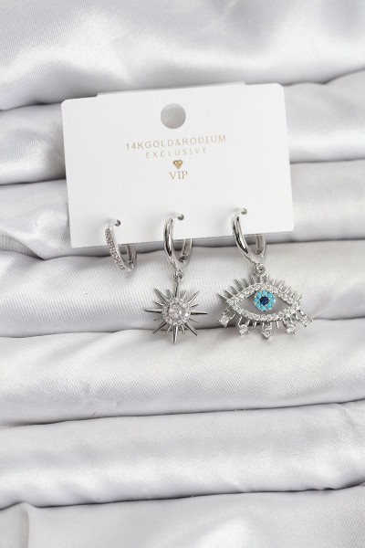 Göz Model Gümüş Renk Pirinç 3'lü Kadın Küpe Seti