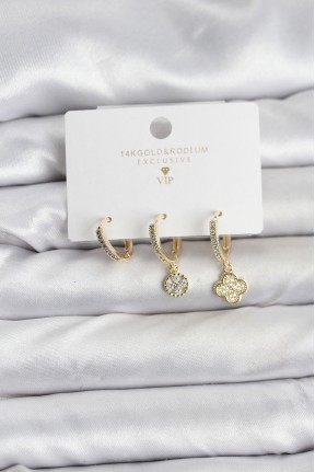 Pirinç Gold Renk Yonca Model 3'lü Kadın Küpe Seti