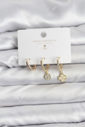 Pirinç Gold Renk Yonca Model 3'lü Kadın Küpe Seti Pirinç Gold Renk Yonca Model 3'lü Kadın Küpe Seti