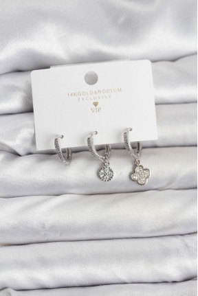 Pirinç Gümüş Renk Yonca Model 3'lü Kadın Küpe Seti