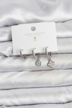 Pirinç Gümüş Renk Yonca Model 3'lü Kadın Küpe Seti Pirinç Gümüş Renk Yonca Model 3'lü Kadın Küpe Seti