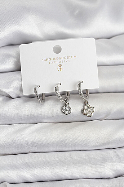 Pirinç Gümüş Renk Yonca Model 3'lü Kadın Küpe Seti