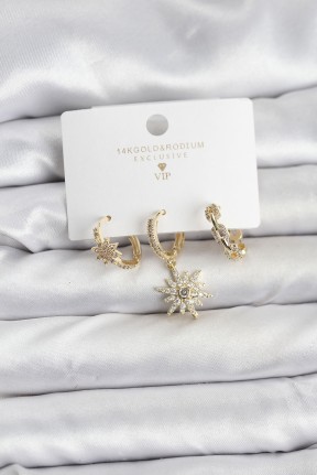 Pirinç Gold Renk Kutup Yıldızı Model 3'lü Kadın Küpe Seti