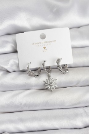 Pirinç Gümüş Renk Kutup Yıldızı Model 3'lü Kadın Küpe Seti Pirinç Gümüş Renk Kutup Yıldızı Model 3'lü Kadın Küpe Seti