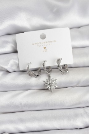 Pirinç Gümüş Renk Kutup Yıldızı Model 3'lü Kadın Küpe Seti Pirinç Gümüş Renk Kutup Yıldızı Model 3'lü Kadın Küpe Seti