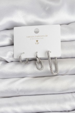 Gümüş Renk Zirkon Taşlı 3'lü Kadın Küpe Seti