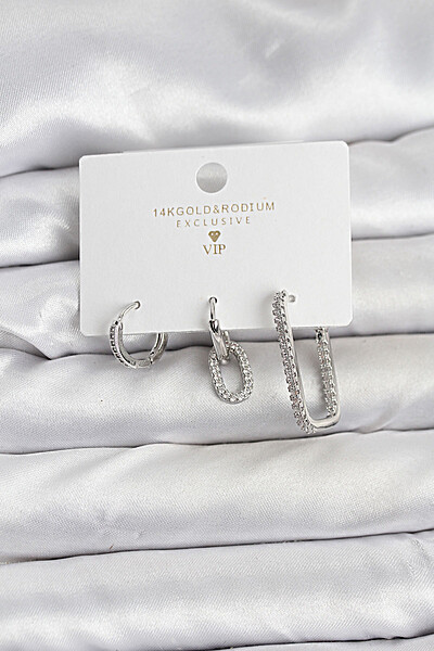 Gümüş Renk Zirkon Taşlı 3'lü Kadın Küpe Seti