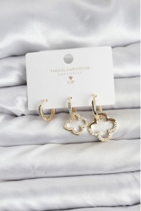 Yonca Model Gold Renk Pirinç 3'lü Kadın Küpe Seti Yonca Model Gold Renk Pirinç 3'lü Kadın Küpe Seti