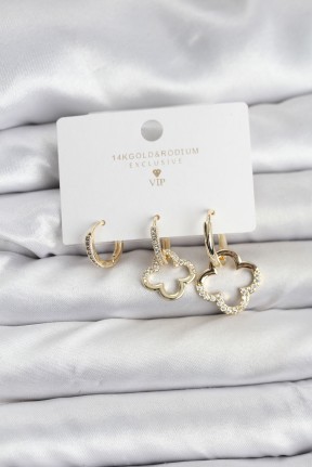 Yonca Model Gold Renk Pirinç 3'lü Kadın Küpe Seti Yonca Model Gold Renk Pirinç 3'lü Kadın Küpe Seti