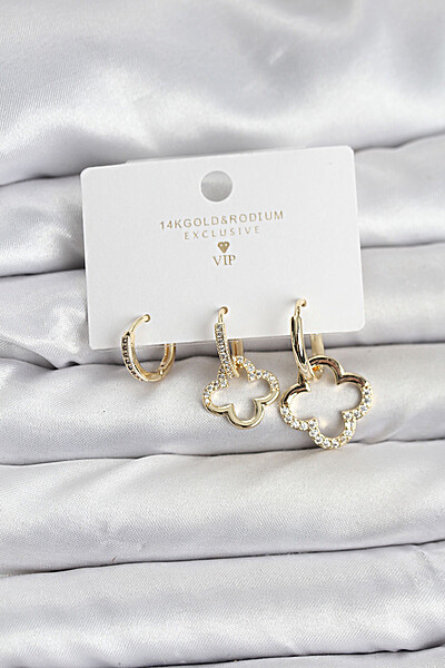 Yonca Model Gold Renk Pirinç 3'lü Kadın Küpe Seti Yonca Model Gold Renk Pirinç 3'lü Kadın Küpe Seti