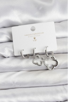 Yonca Model Gümüş Renk Pirinç 3'lü Kadın Küpe Seti Yonca Model Gümüş Renk Pirinç 3'lü Kadın Küpe Seti