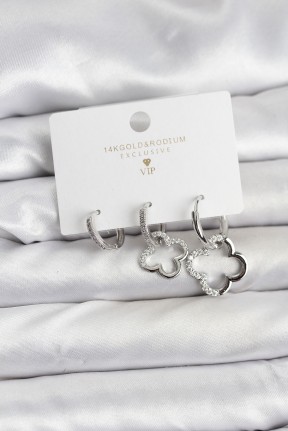 Yonca Model Gümüş Renk Pirinç 3'lü Kadın Küpe Seti Yonca Model Gümüş Renk Pirinç 3'lü Kadın Küpe Seti