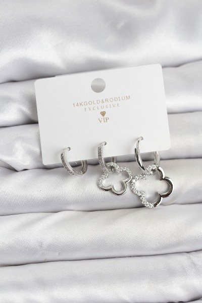 Yonca Model Gümüş Renk Pirinç 3'lü Kadın Küpe Seti Yonca Model Gümüş Renk Pirinç 3'lü Kadın Küpe Seti