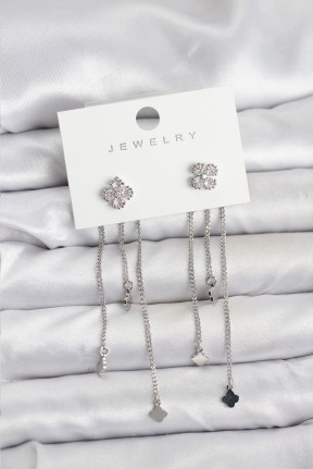 Pirinç Gümüş Renk Yonca Model Sallantılı Kadın Küpe Pirinç Gümüş Renk Yonca Model Sallantılı Kadın Küpe