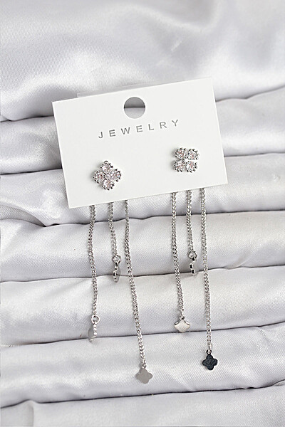 Pirinç Gümüş Renk Yonca Model Sallantılı Kadın Küpe